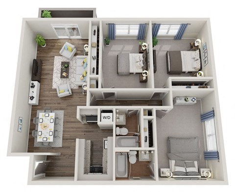 Floor plan for 3 beds, 2 baths, 1375 sqft